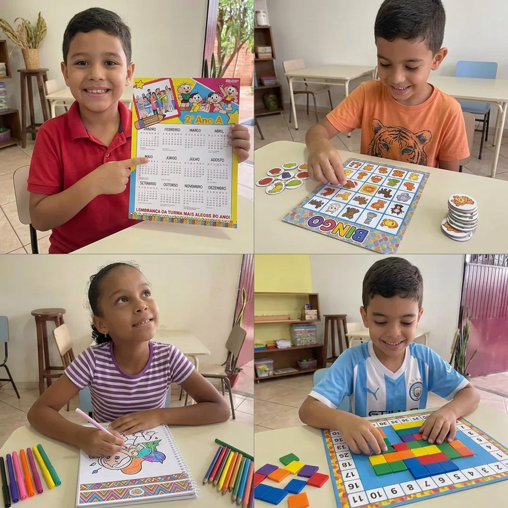 Crianças utilizando atividades e materiais pedagógicos